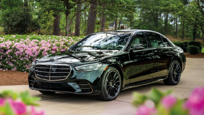 Frontansicht eines Mercedes in einem Park im Fr�hling