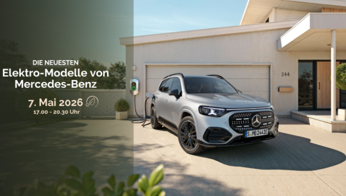 Event Einladung wo ein Elektro Mercedes zu sehen ist vor einem Familienhaus